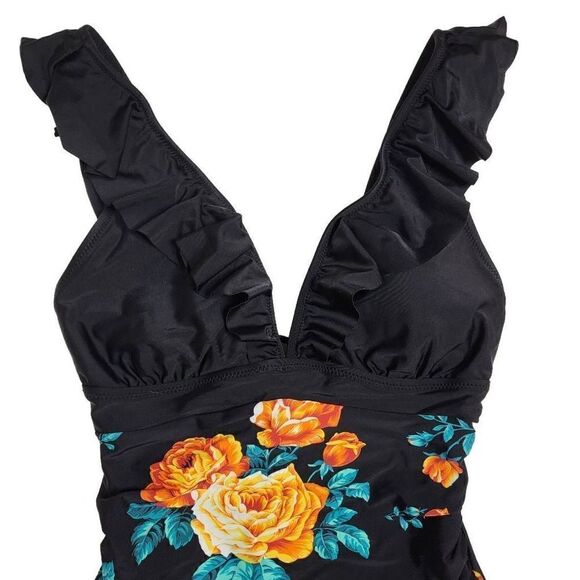 CUPSHE Black Floral Ruffled Lace Up Onepice Swimsuit Size Medium - Picture 4 of 9